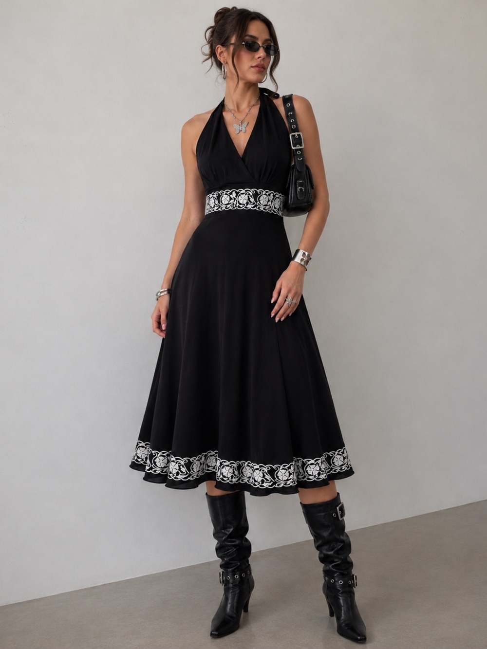 Vintage Black Halter Midi Dress with White Embroidered Trim